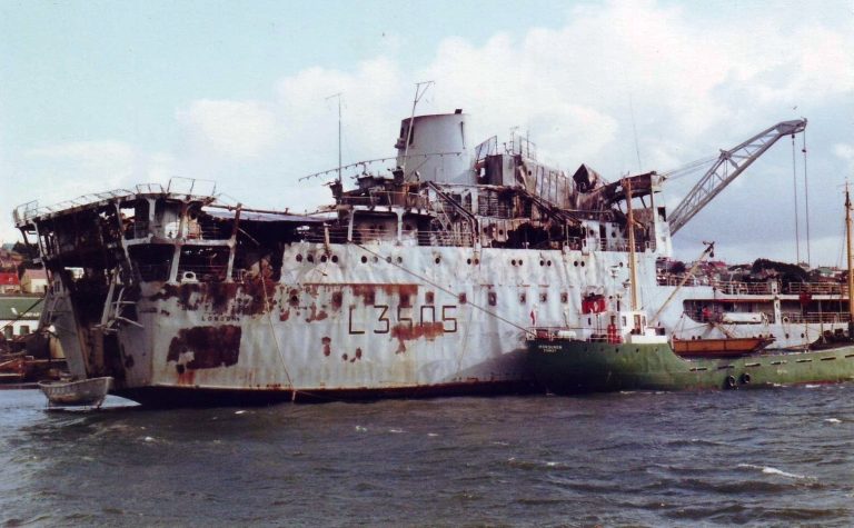 War damaged RFA Sir Tristram 1983