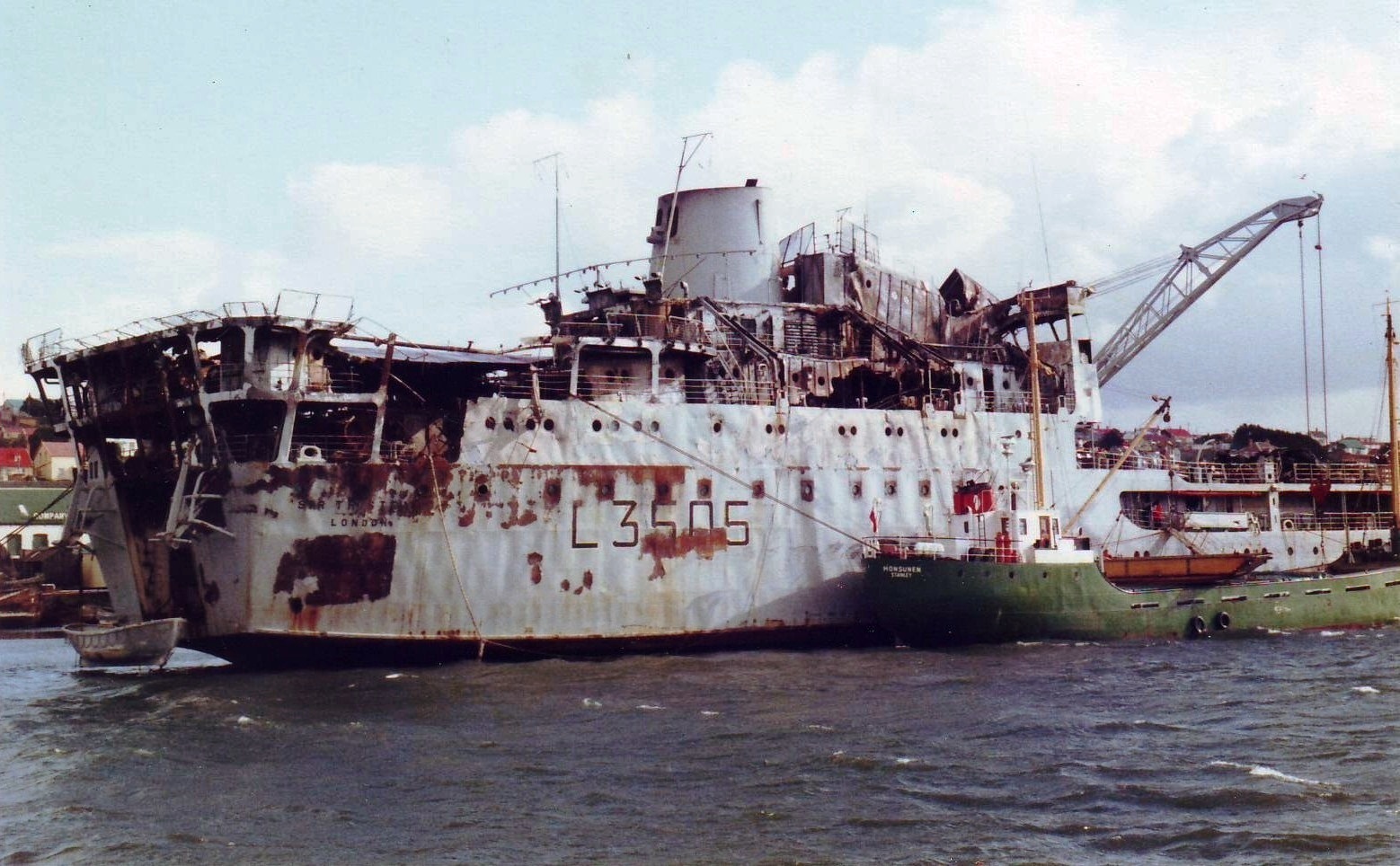 War damaged RFA Sir Tristram 1983
